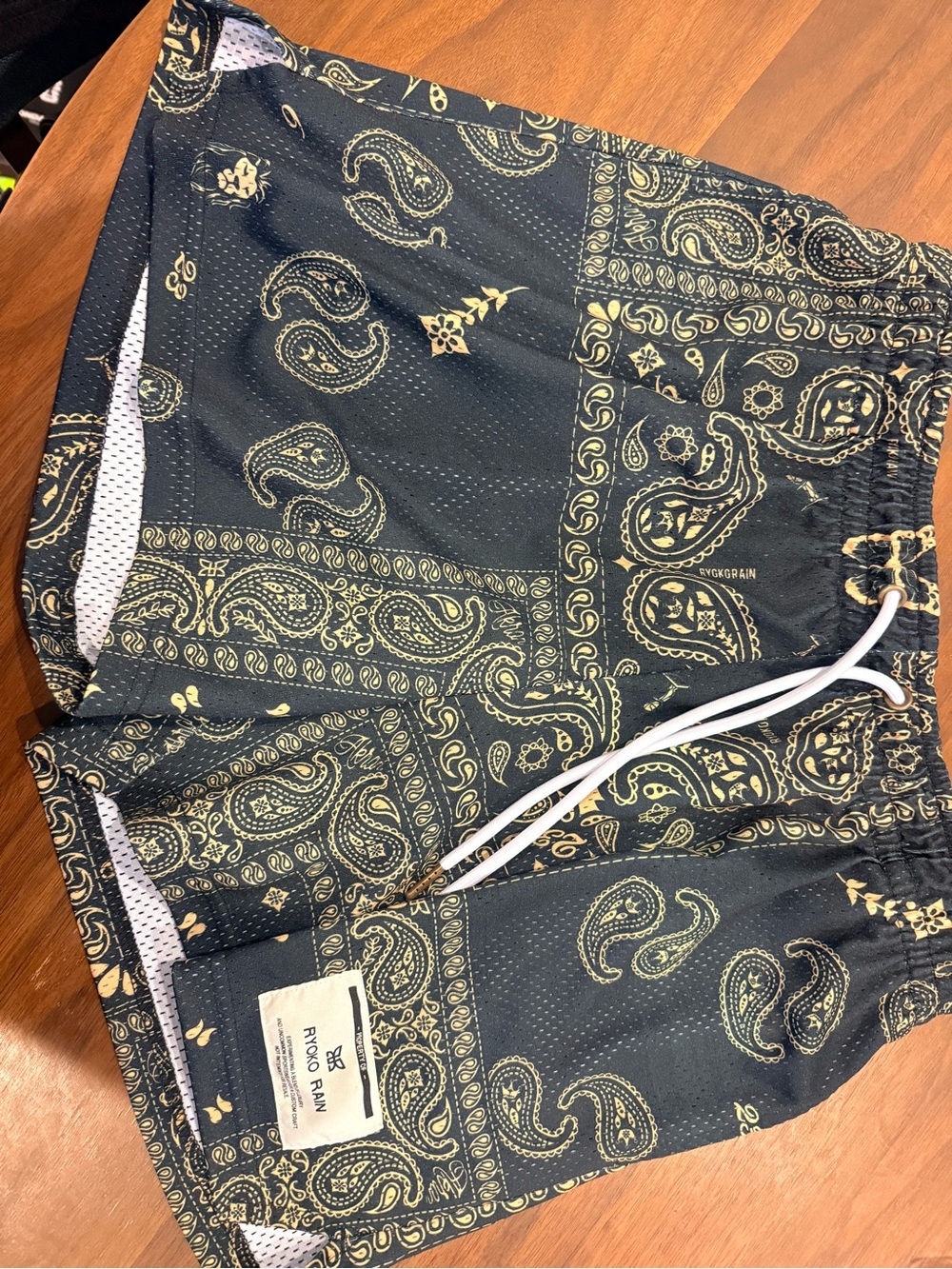 Ryoko Ran Men's Athletic Swim/Workout Shorts - Black with Gold Paisley